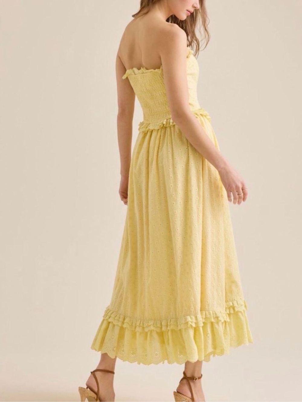 Altar'd State Strapless Yellow Eyelet Midi Dress - Picture 4 of 7
